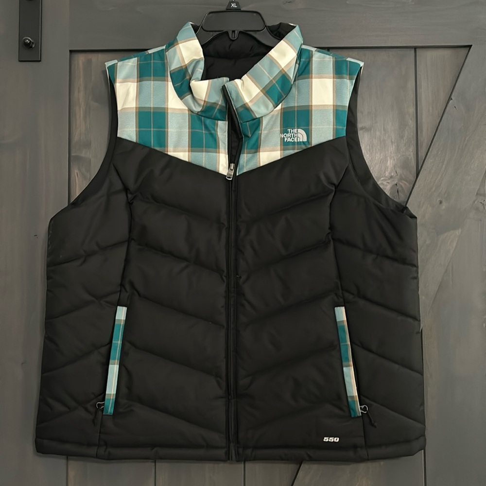 The North Face Black and Teal Plaid Vest